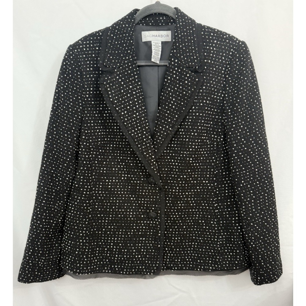 Sag Harbor Black White Polka Dot Blazer Jacket‎  Trimmed Womens Size 14